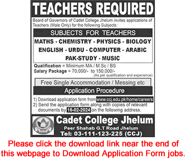Teaching Jobs in Cadet College Jhelum 2024 January Application Form Latest