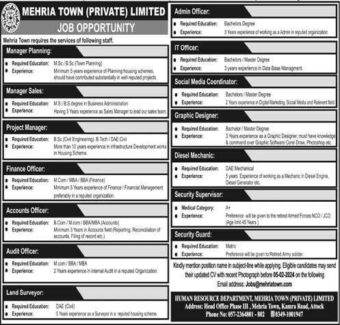Mehria Town Private Limited Attock Jobs 2024 Admin Officers & Others Latest