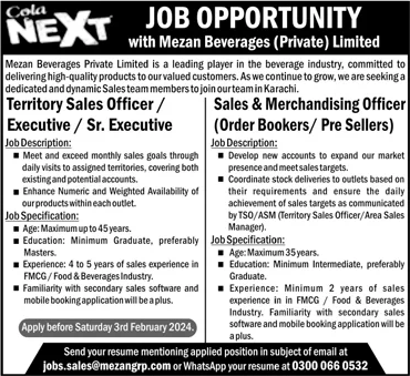 Mezan Beverages Pvt Ltd Karachi Jobs 2024 January / February Cola Next Sales Officers & Others Latest