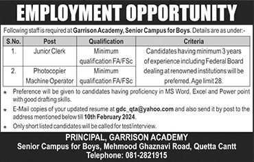 Garrison Academy Quetta Cantt Jobs 2024 Clerk & Photocopy Machine Operator Latest