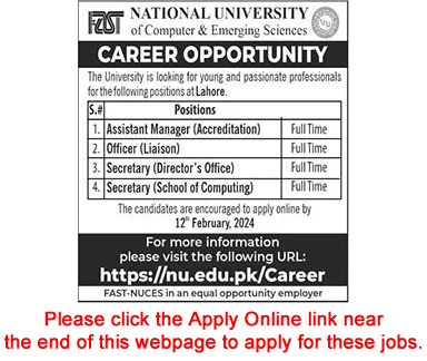 FAST National University Lahore Jobs 2024 February Apply Online Latest