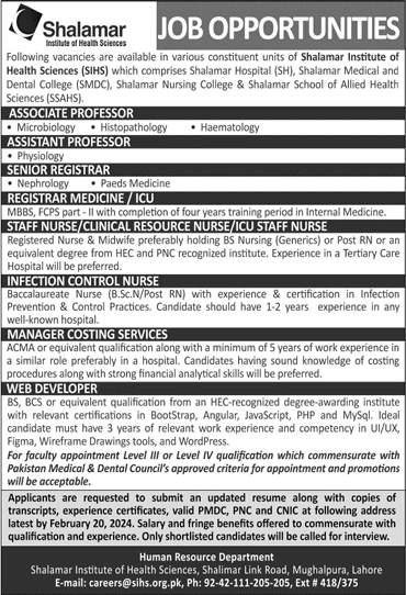 Shalamar Institute of Health Sciences Lahore Jobs February 2024 Nurses & Others SIHS Latest