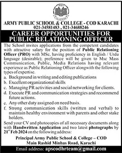 Public Relationing Officer Jobs in Army Public School COD Karachi 2024 February Latest