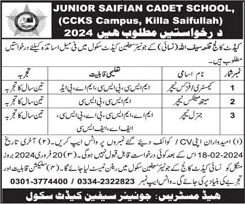 Teaching Jobs in Junior Saifian Cadet School Killa Saifullah 2024 February Latest
