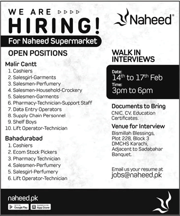 Naheed Supermarket Karachi Jobs 2024 February Cashiers, Salesman & Others Walk in Interview Latest