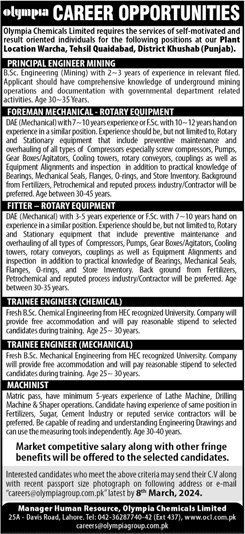 Olympia Chemicals Khushab Jobs February 2024 OCL Latest Engineers, Machinists, Fitters & Others
