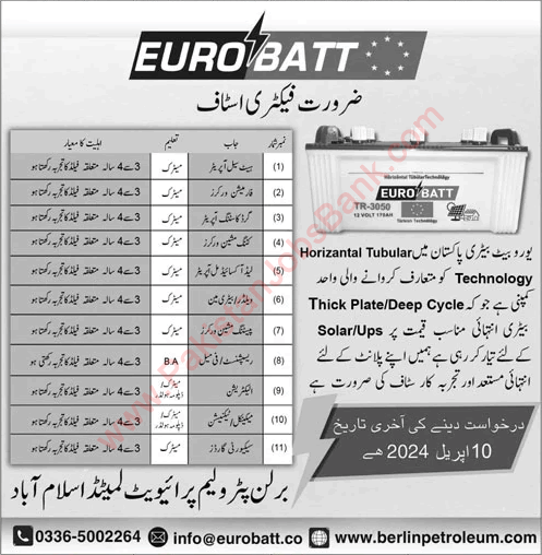 EuroBatt Pakistan Jobs March 2024 for Lead Acid Battery Plant Workers & Others Latest