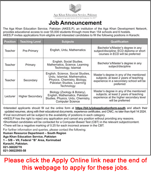 Aga Khan Education Service Karachi Jobs 2024 March / April Apply Online Teachers & Lecturers Latest