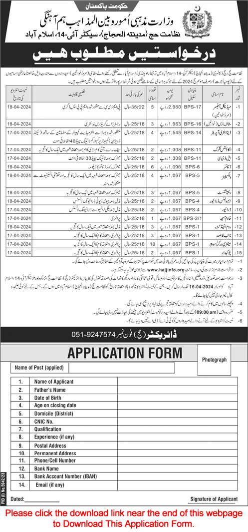 Directorate of Hajj Islamabad Jobs 2024 April Application Form Download Madina-tul-Hujjaj Latest