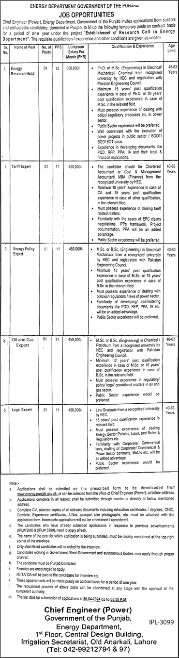 Energy Department Punjab Jobs April 2024 Lahore Latest
