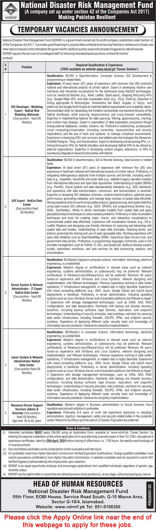 National Disaster Risk Management Fund Islamabad Jobs 2024 April NDRMF Apply Online Latest