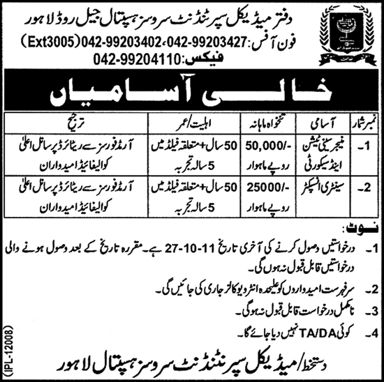 Office of Medical Superintendent Services Hospital Lahore, Jobs Opportunities