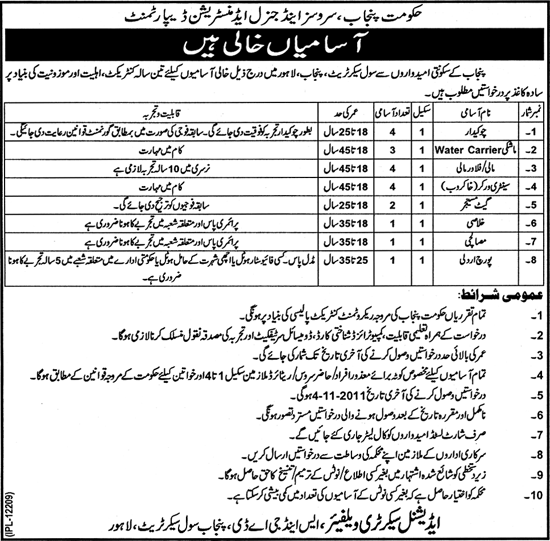 Services and General Administration Department Government of the Punjab Jobs Opportunities