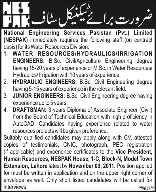 Technical Staff Required by NESPAK