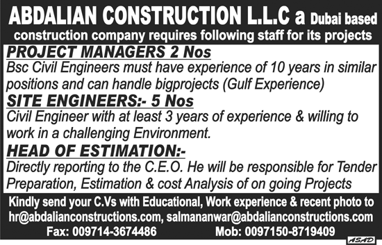 Abdalian Construction Dubai Required Staff