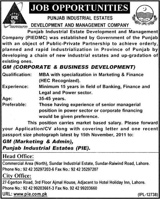 GM Required by Punjab Industrial Estates Development and Management Company