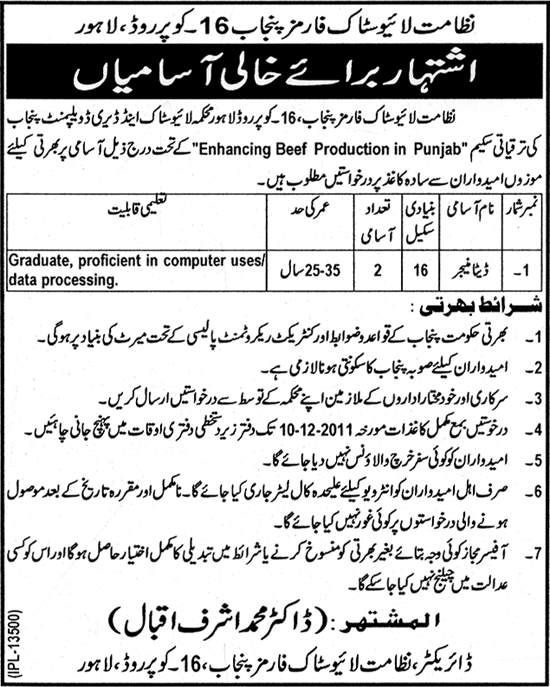 Data Manager Required by Livestock Farms Punjab