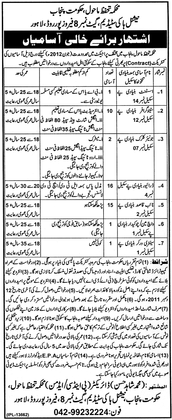 Environment Protection Department, Government of the Punjab Jobs Opportunity