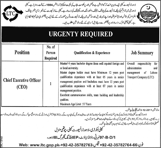 Chief Executive Officer (CEO) Required by Lahore Transport Company