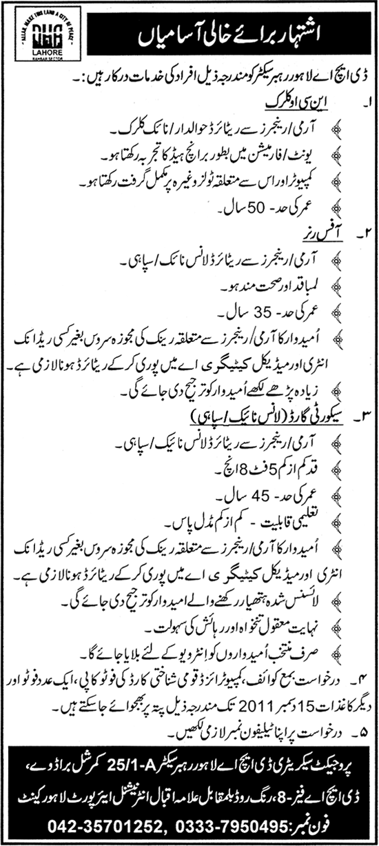 DHA Lahore Rahbar Sector Sector Required Staff