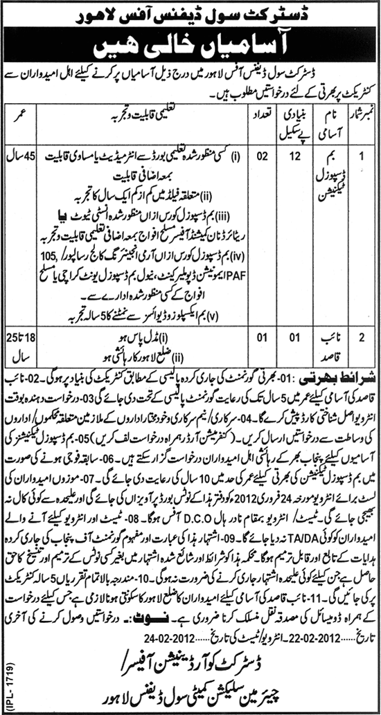 District Civil Defence Office Lahore Required Bomb Disposal Technician and Naib Qasid