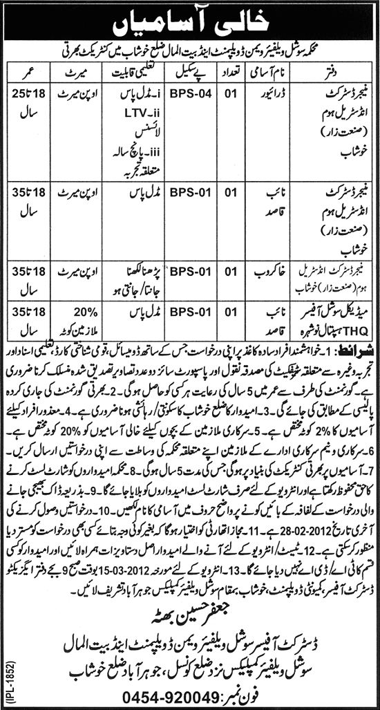 Social Welfare Women Department and Baitulmal District Khushab Required Staff