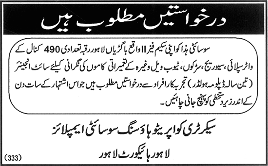 Cooperative Housing Society Employees Lahore High Court Required Site Engineer