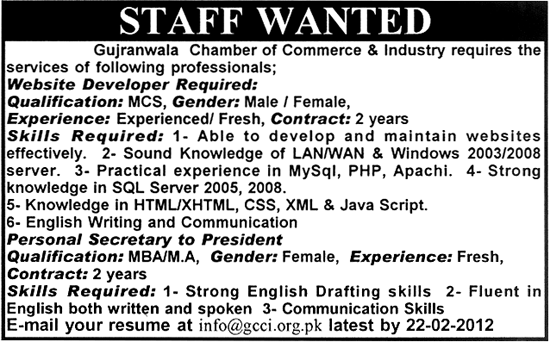 Gujranwala Chamber of Commerce & Industry Required Website Developer and Personal Secretary