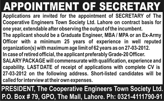 The Cooperative Engineers Town Society Ltd Requires the Services of Secretary