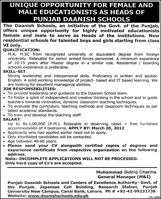 The Daanish Schools, Government of the Punjab Jobs Opportunity