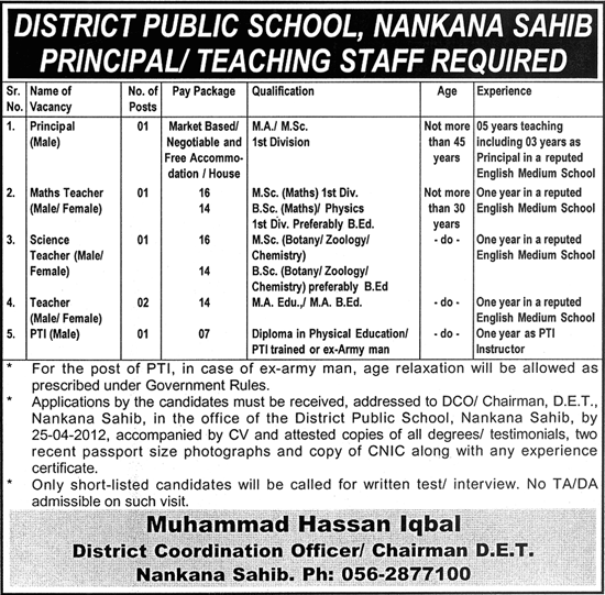 District Public School, Nankana Sahib (Govt.) Jobs