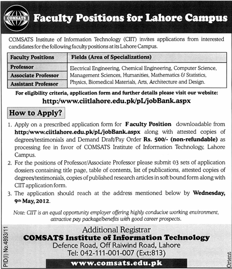 COMSATS Institute of Information Technology (CIIT) Requires Faculty