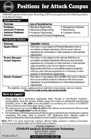 COMSATS (CIIT) Required Faculty Positions and Non-Faculty Positions