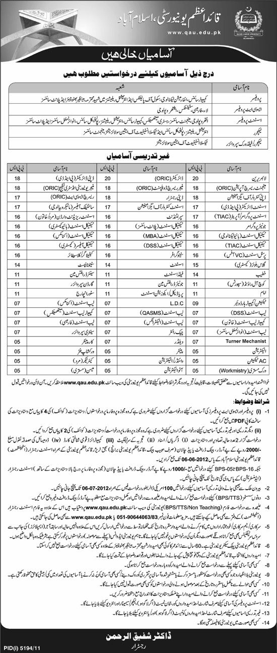 Teaching & Non-Teaching jobs at Qaud-e-Azam University (Govt. job)