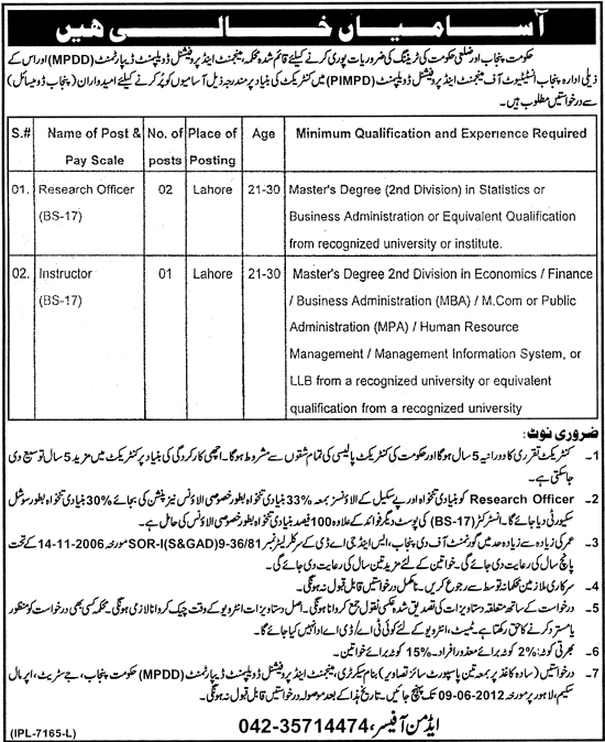 Research Officer Required at PIMPD (Govt of Punjab. job)