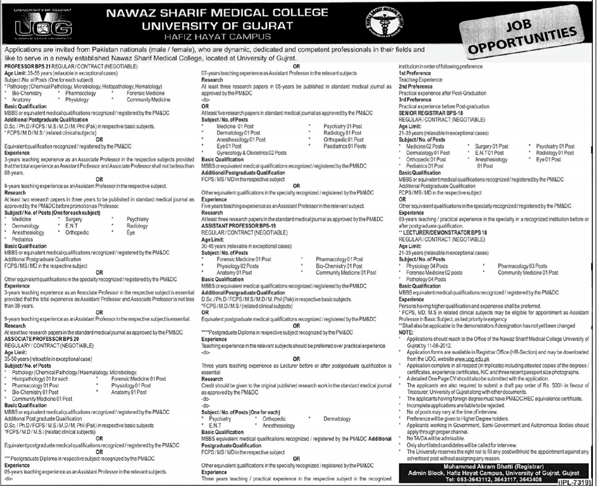 Medical Teaching Faculty Required at Nawaz Sharif Medical College University of Gujrat (Hafiz Hayat Campus)