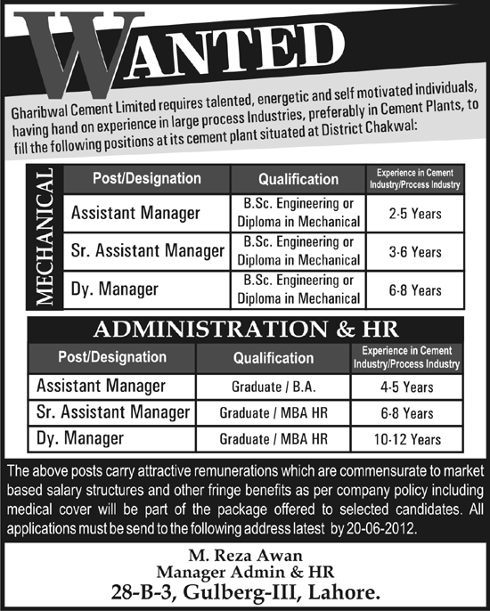 Mechanical, Administration & HR jobs at Gharibwal Cement Limited