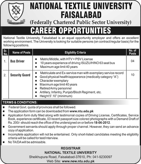 Bus Driver and Security Guard Required at National Textile University