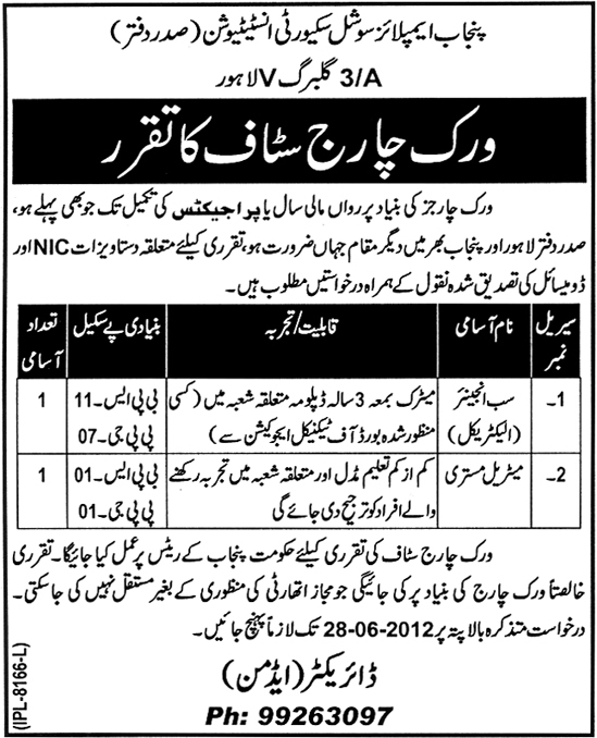 Work Charge Staff Required Under Punjab Employees Social Security Institution (Govt. job)