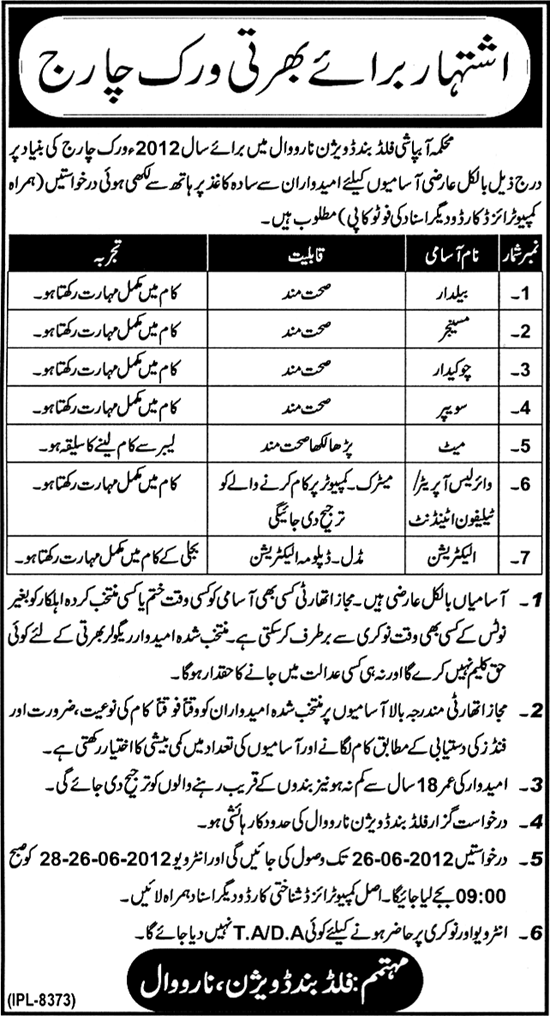 Work Charge Staff Required at Irrigation Department Flood Division