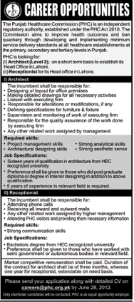 Architect and Receptionist Job at Punjab Healthcare Commission (PHC) (Govt. job)