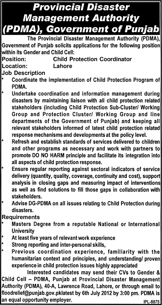 PDMA Provincial Disaster Management Authority Requires Child Protection Coordinator (Govt. job)
