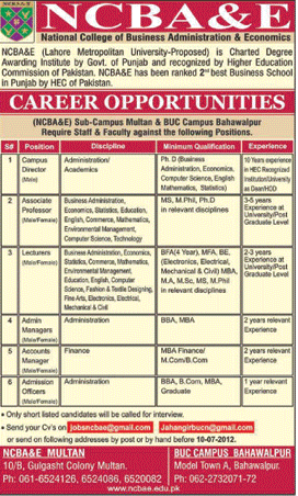 Teaching and Non-Teaching Staff Required at NCBA&E (National College of Business Administration & Economics)