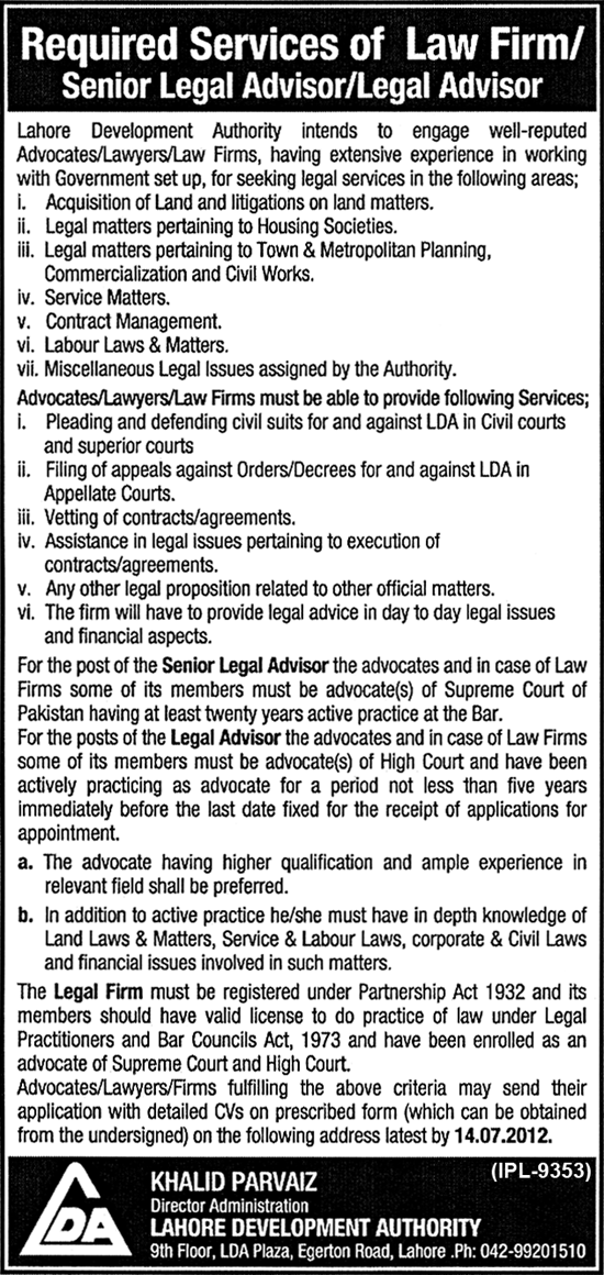 LDA Lahore Development Authority Requires Legal Advisors (Govt. job)