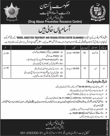 Anti Narcotics Force (ANF) Requires Psychiatrist and Nurse for Model Addiction Treatment and Rehabilitation Centre Islamabad (Govt. job)