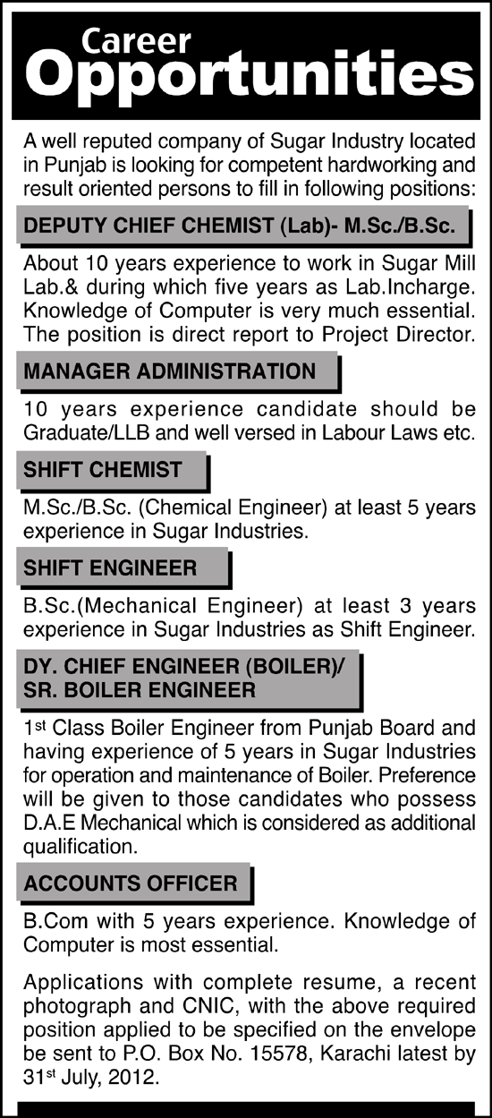 A Sugar Industry Requires Engineer and Support Staff (Industrial Sector Job)