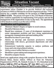 Trust for Voluntary Organizations (TVO) Requires Chief Executive Officer (CEO)