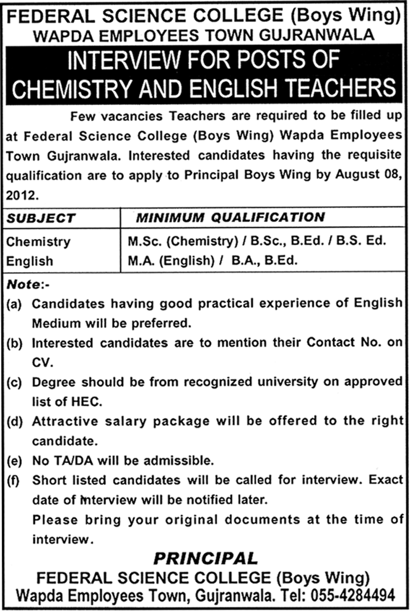 Teaching Faculty Required at Federal Science College (Boys Wing)