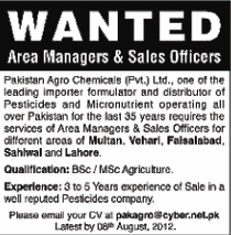 Pakistan Agro Chemicals Requires Sales and Management Staff