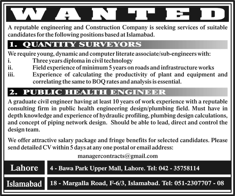An Engineering and Construction Company Requires Quantity Surveyor and Public Health Engineer